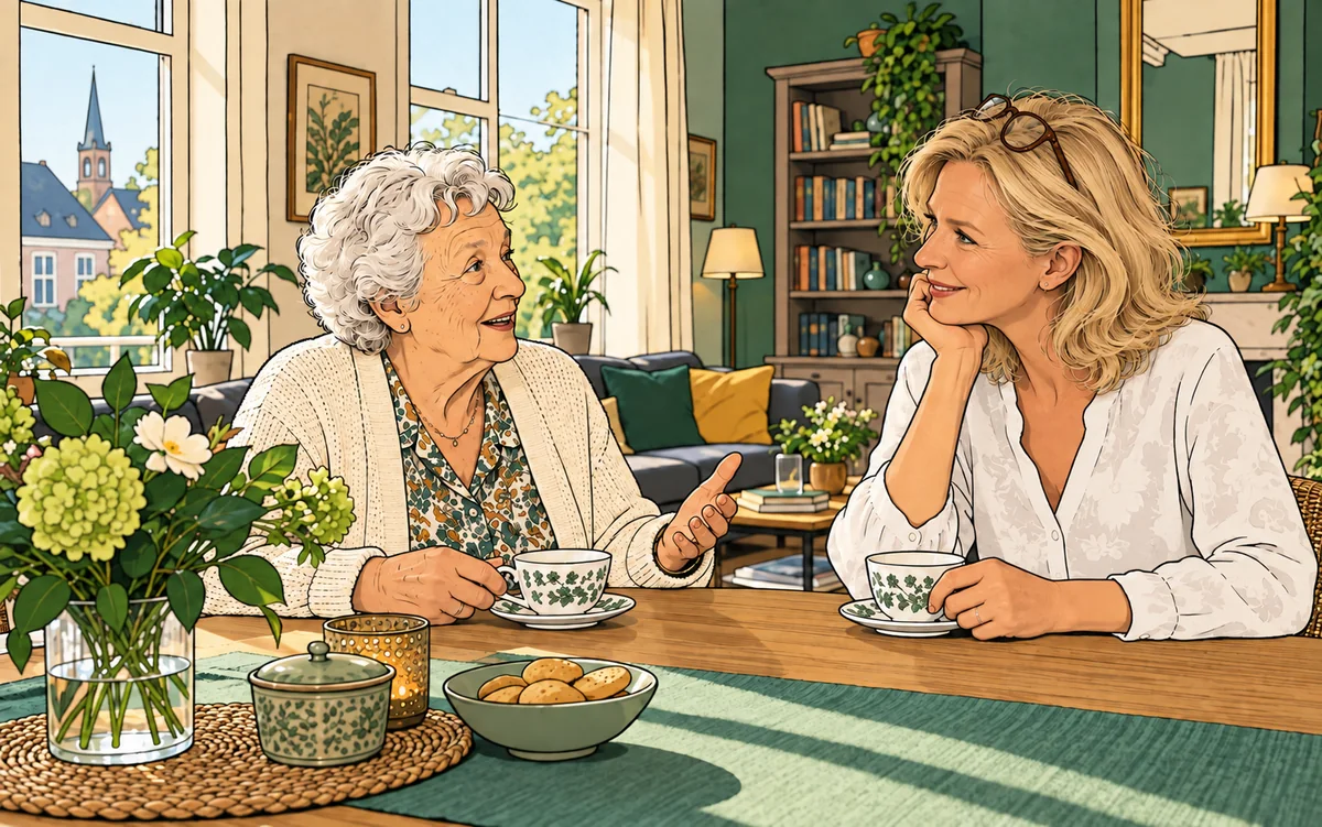 Un moment de conversation partagé avec une personne âgée à domicile.