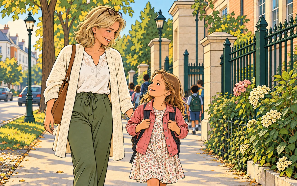 J'accompagne un enfant à la sortie de l'école.